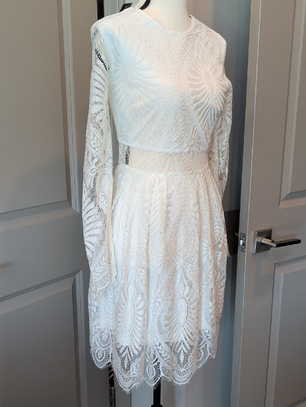 White Lace Long-Sleeve Fit & Flare Dress